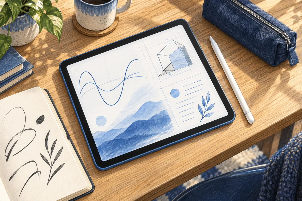 Illustration of a tablet and class notes on a study desk